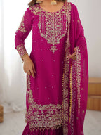 The52 Women's Beautiful Faux Georgette Fabric Embroidery Work Straight Kurt Sharara and Dupatta Set - Distacart