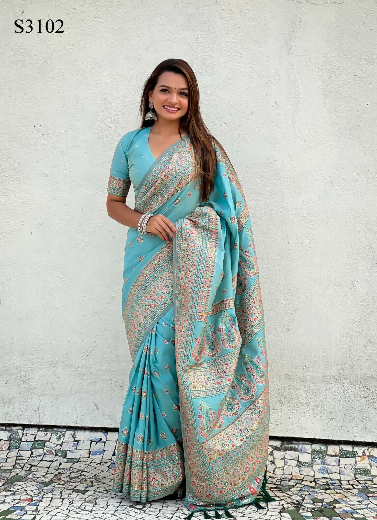Blue Pashmina Silk Wevon Kashmiri Meenakari Designer Saree with Unstitched Blouse - Vandini