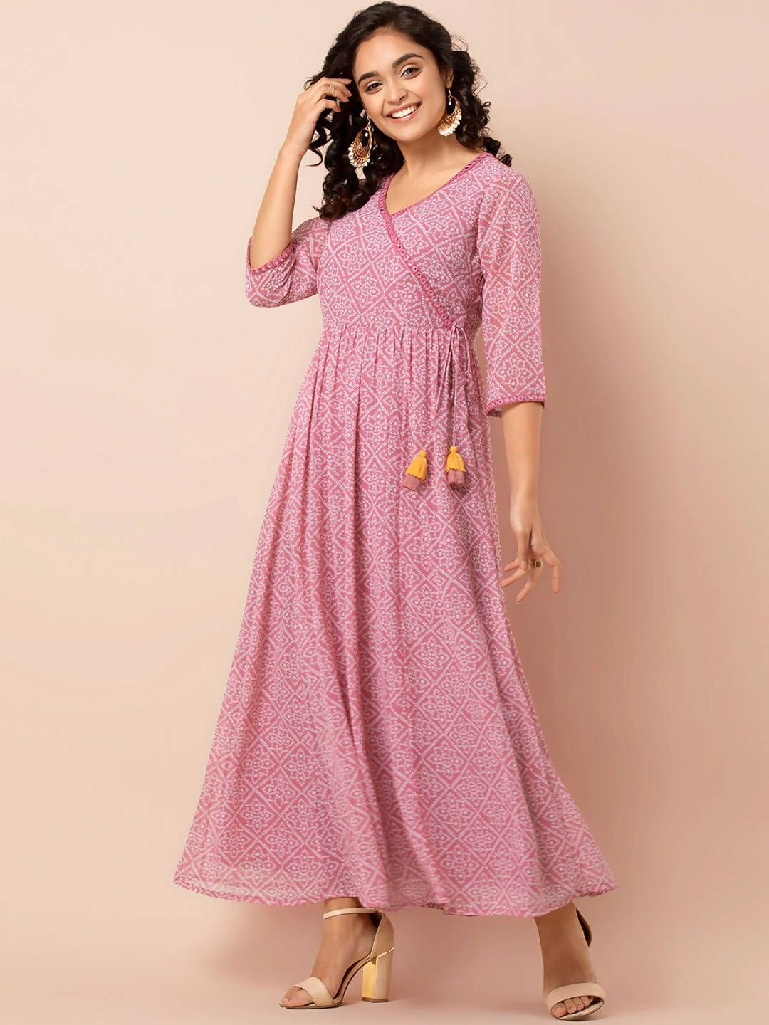 Indya Pink & White Printed Ethnic Maxi Dress - Distacart