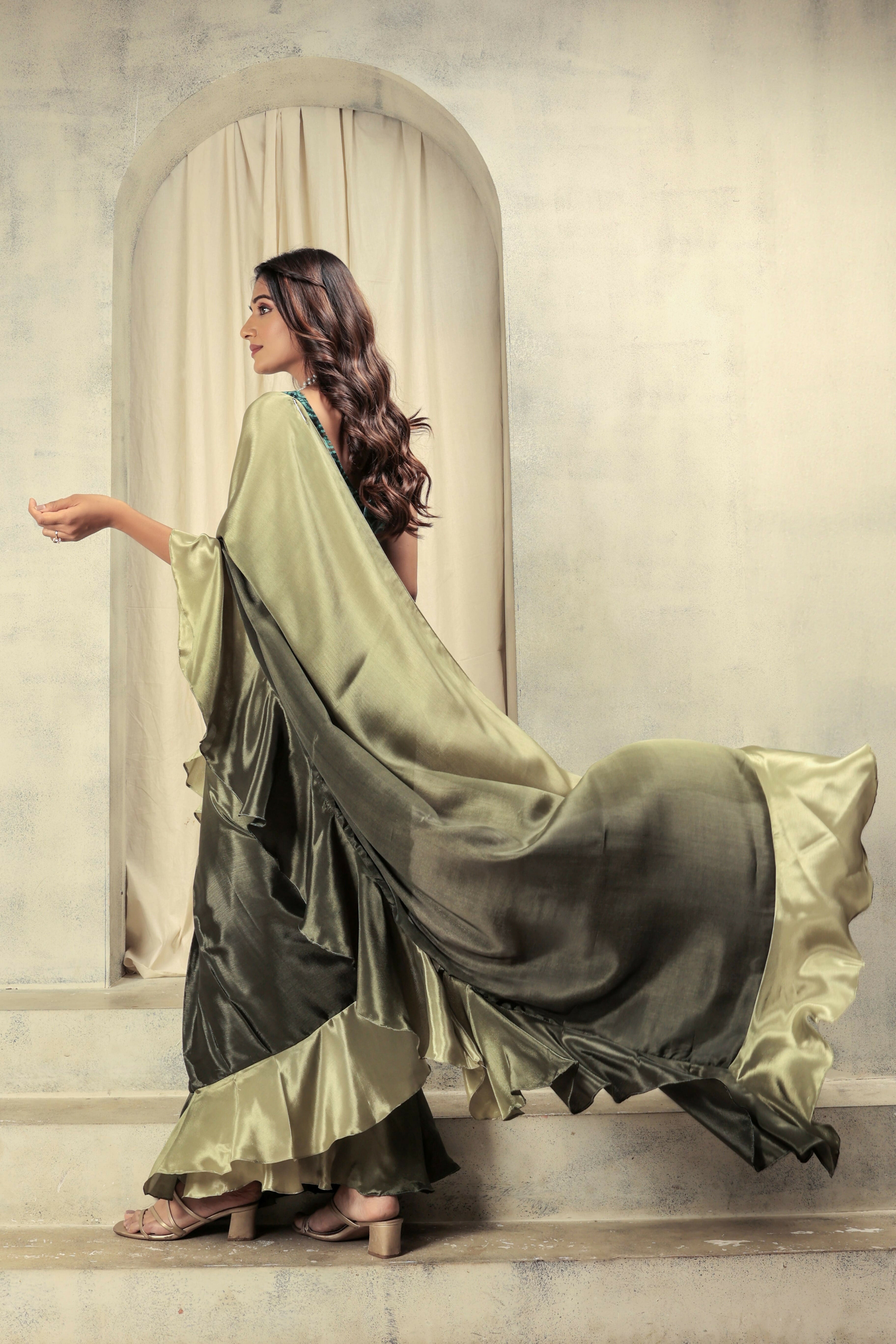 Green Satin Solid Designer, Printed Party Wear Ready To Wear Saree - Nasreen