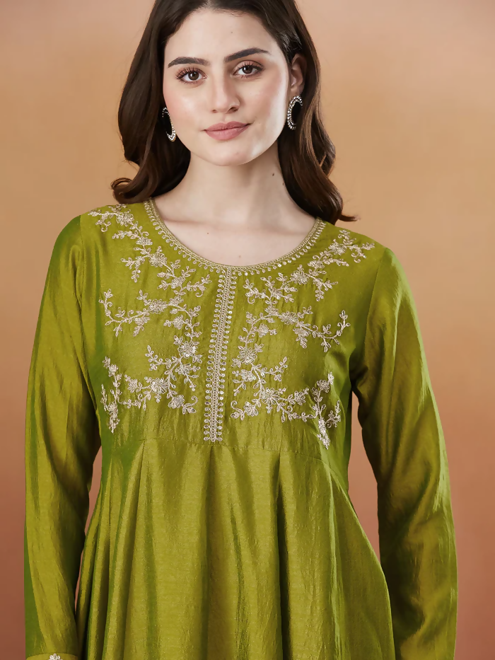 The52 Light Green Women's Beautiful Vichitra Silk Fabric Embroidered Work Flared Anarkali Pant and Dupatta Set - Distacart