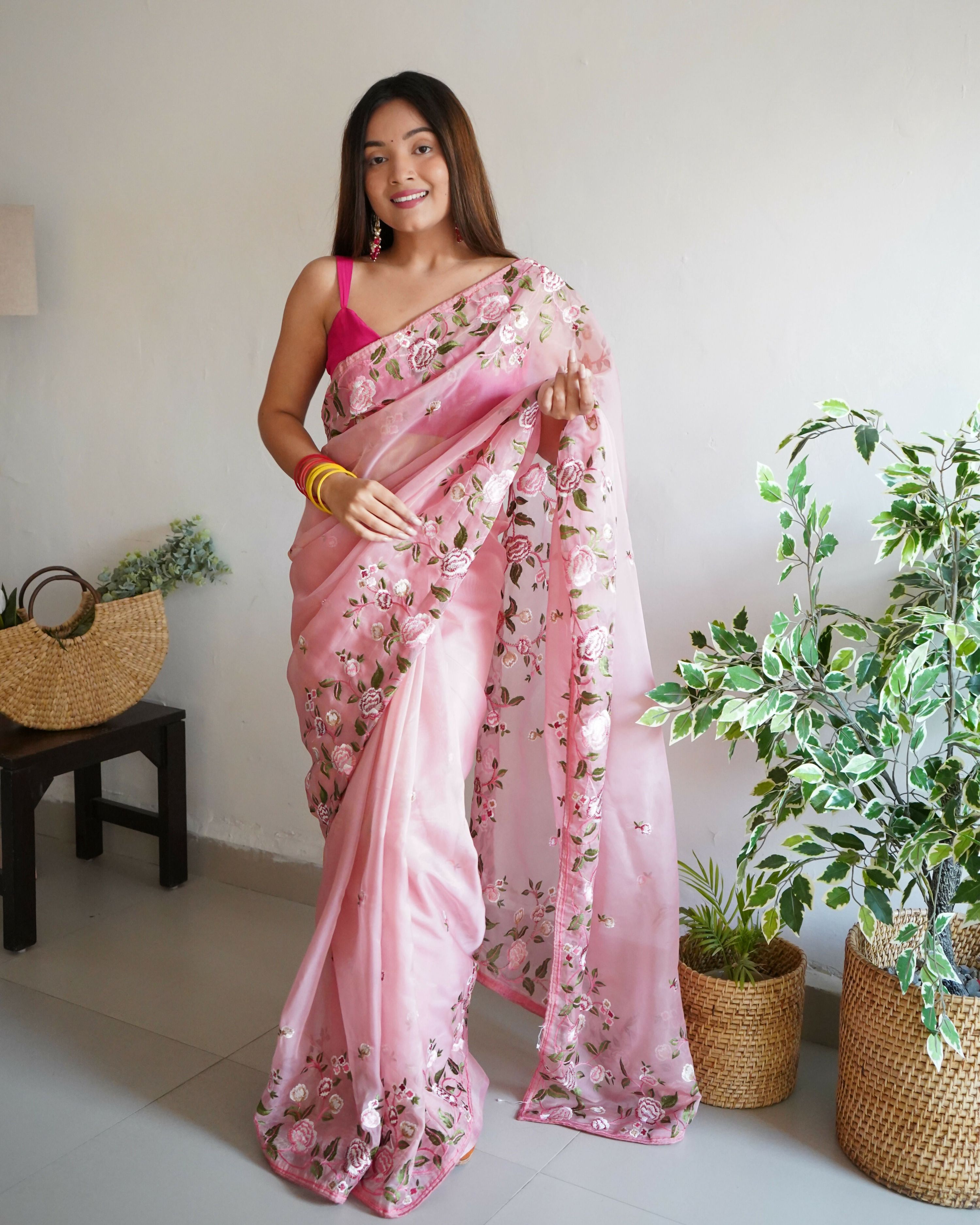 Vamsee Damini Peach Gold Tebi Silk Saree