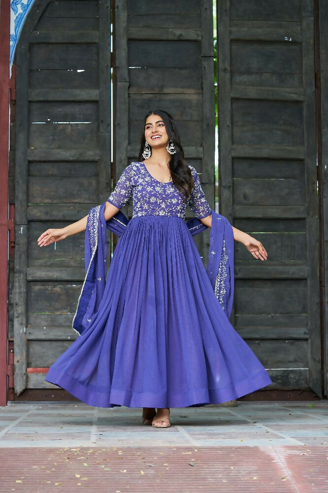 Joban Fashion Blue Readymade Kurta Set With Sequence embroidery Work - Distacart