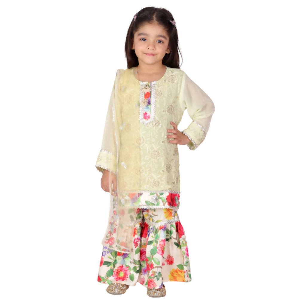 Little Bansi Girls Green & yellow Embrodiery Kurta with Floral Sharara