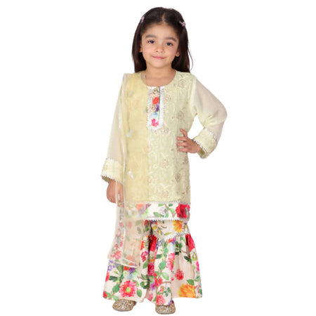 Little Bansi Girls Green & yellow Embrodiery Kurta with Floral Sharara