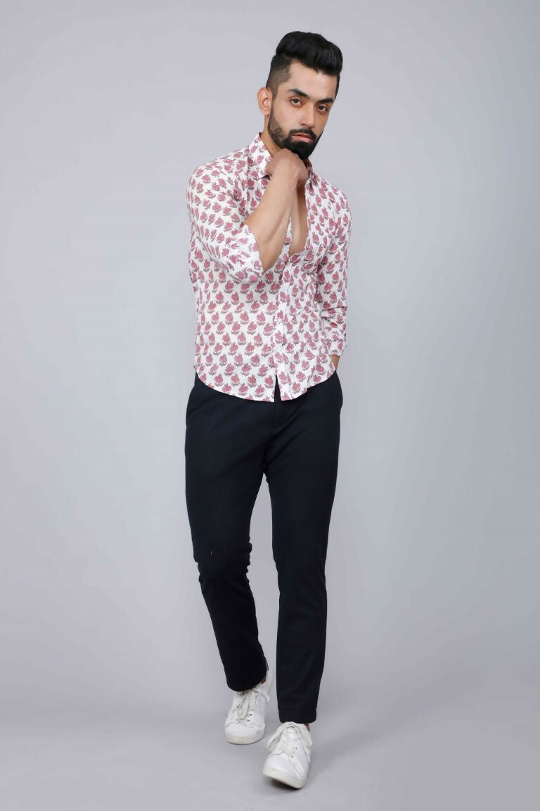 Miravan Men's White & Pink Spread Collar Floral Print Shirt