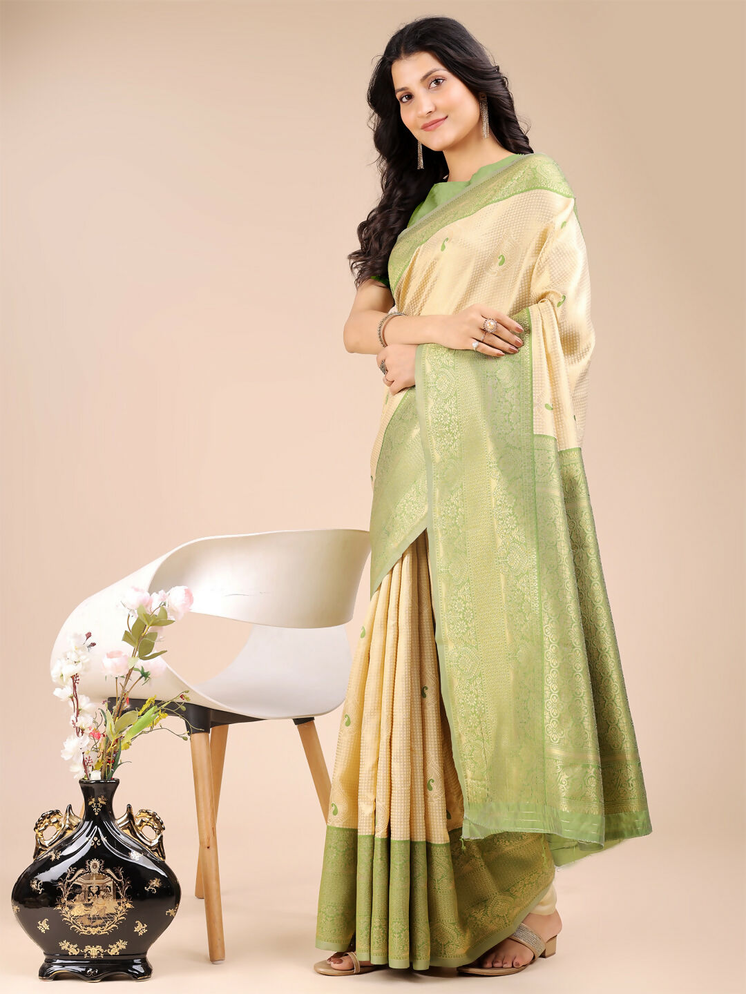 Shree Shyam Fashion Aura Silk Cream Light Green Banarasi Silk Saree