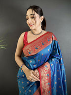 Joban Fashion Blue Intricate Motifs Soft Silk Banarasi Saree