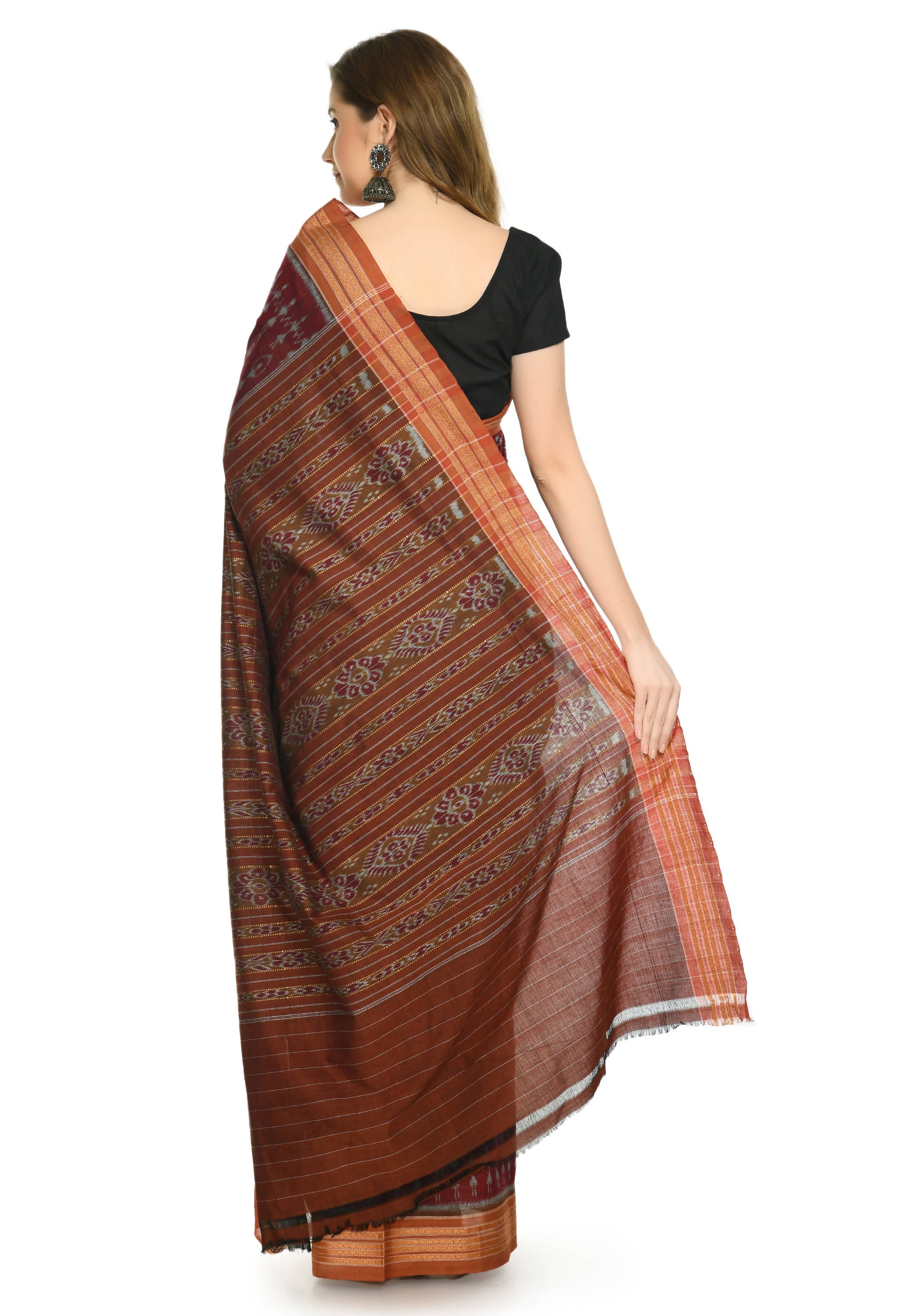 Vamika Sambalpuri Ikat Cotton Dehabandha Black & Maroon Saree - Distacart