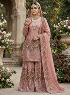 Teeya Creation Peach Fendy Silk Heavy Embroidery Work Party Wear Sharara Suit - Distacart