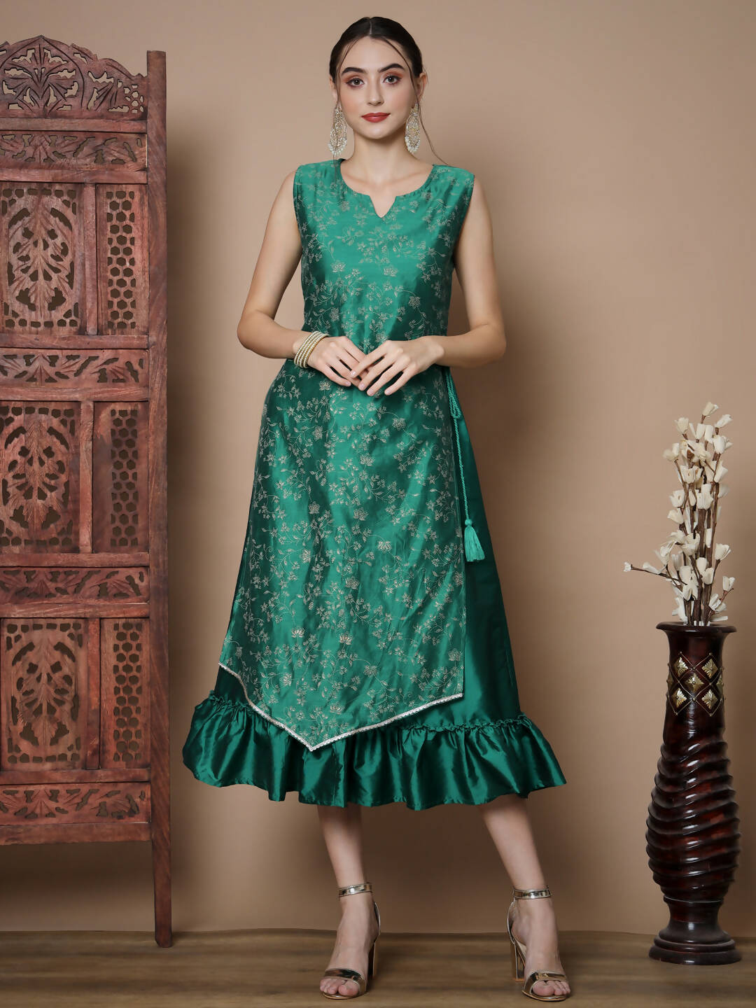 Myshka Women's Teal Floral Printed Gown Dress - Distacart
