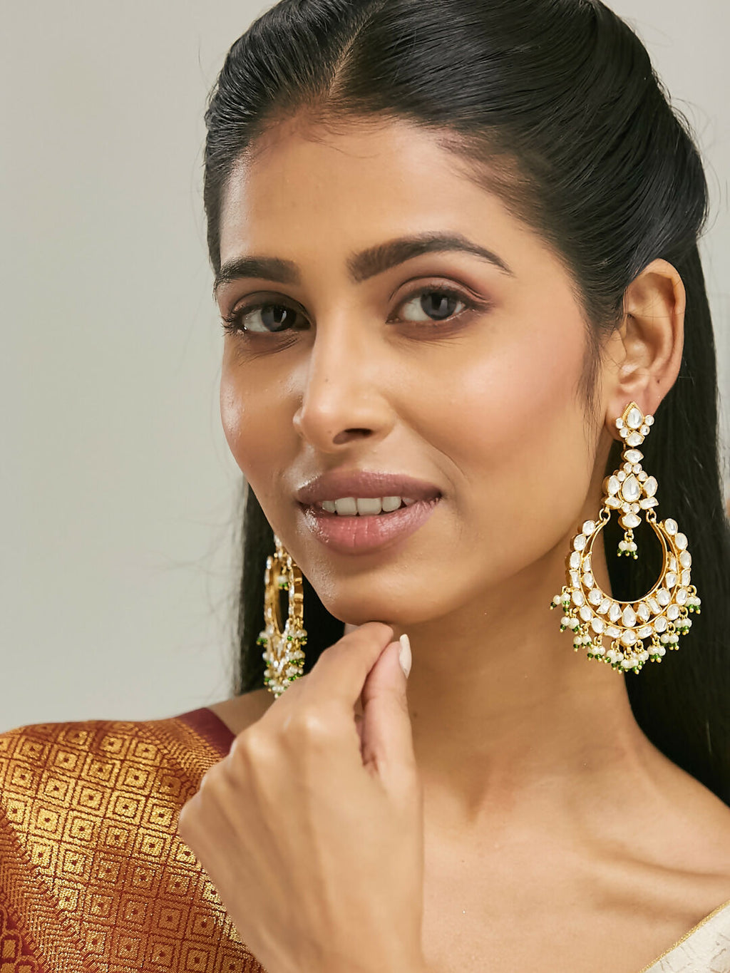 Nuyug 22K Gold-Plated Elegant Kundan Studded & Beaded Floral Chandbali Earrings - Distacart