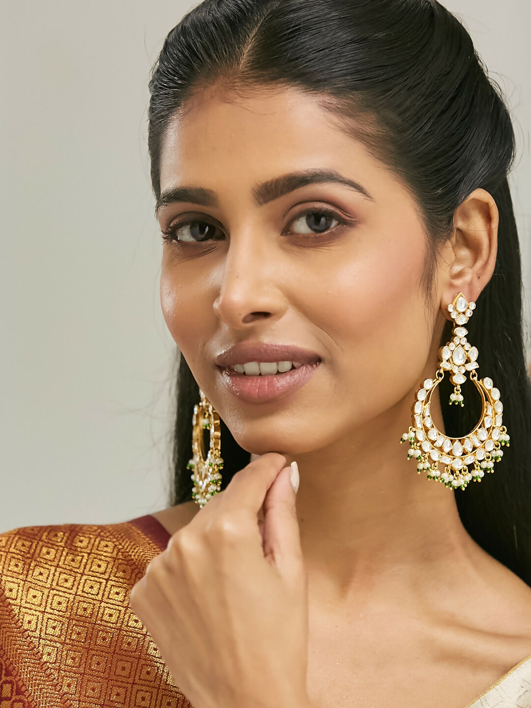 Nuyug 22K Gold-Plated Elegant Kundan Studded & Beaded Floral Chandbali Earrings - Distacart