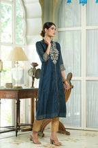 Juniper Blue Chanderi Festive Embroidered Polka Dot Printed A-Line Kurta For Women - Distacart