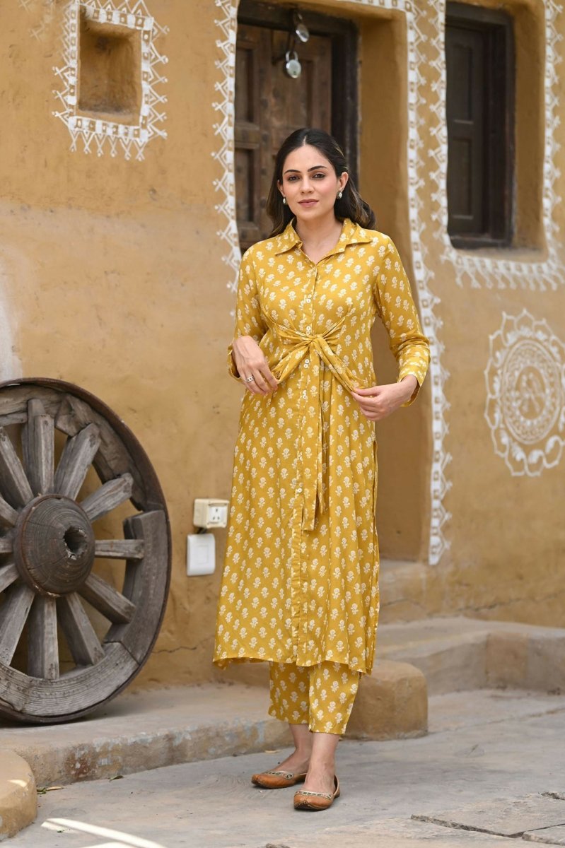 Aayaa Pure Muslin printed Kurti & Pant - Mustard yellow