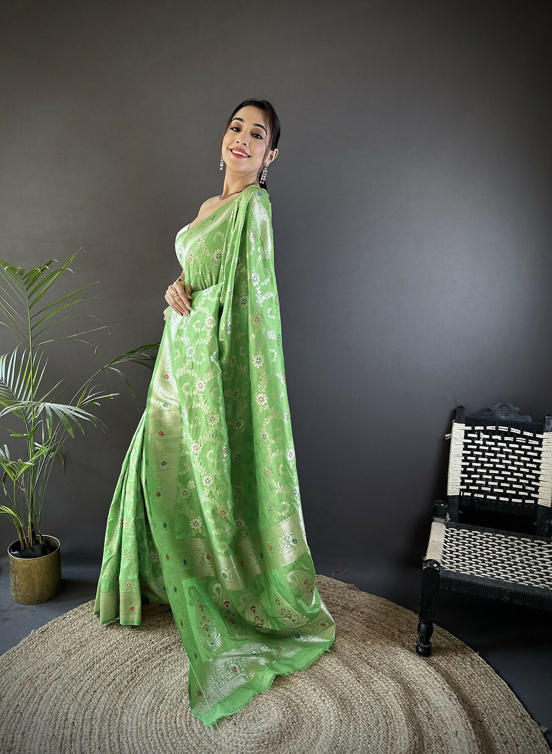 Joban Fashion Pista Green Meenakari Banarasi Silk Sarees