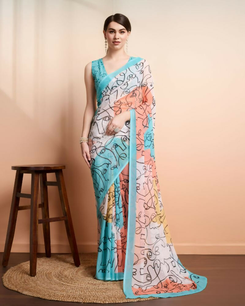 Multi Georgette Designer Printed Party Wear Saree - Cinderella
