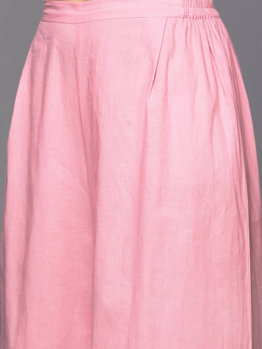 Ahalyaa Pink & Gold Ethnic Printed Layered Front Slit Cotton Anarkali Kurta Palazzos - Distacart