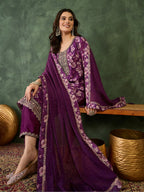 The52 Women's Beautiful Embroidery Work Chinon silk Fabric Straight Kurta Pant and Dupatta Set - Distacart