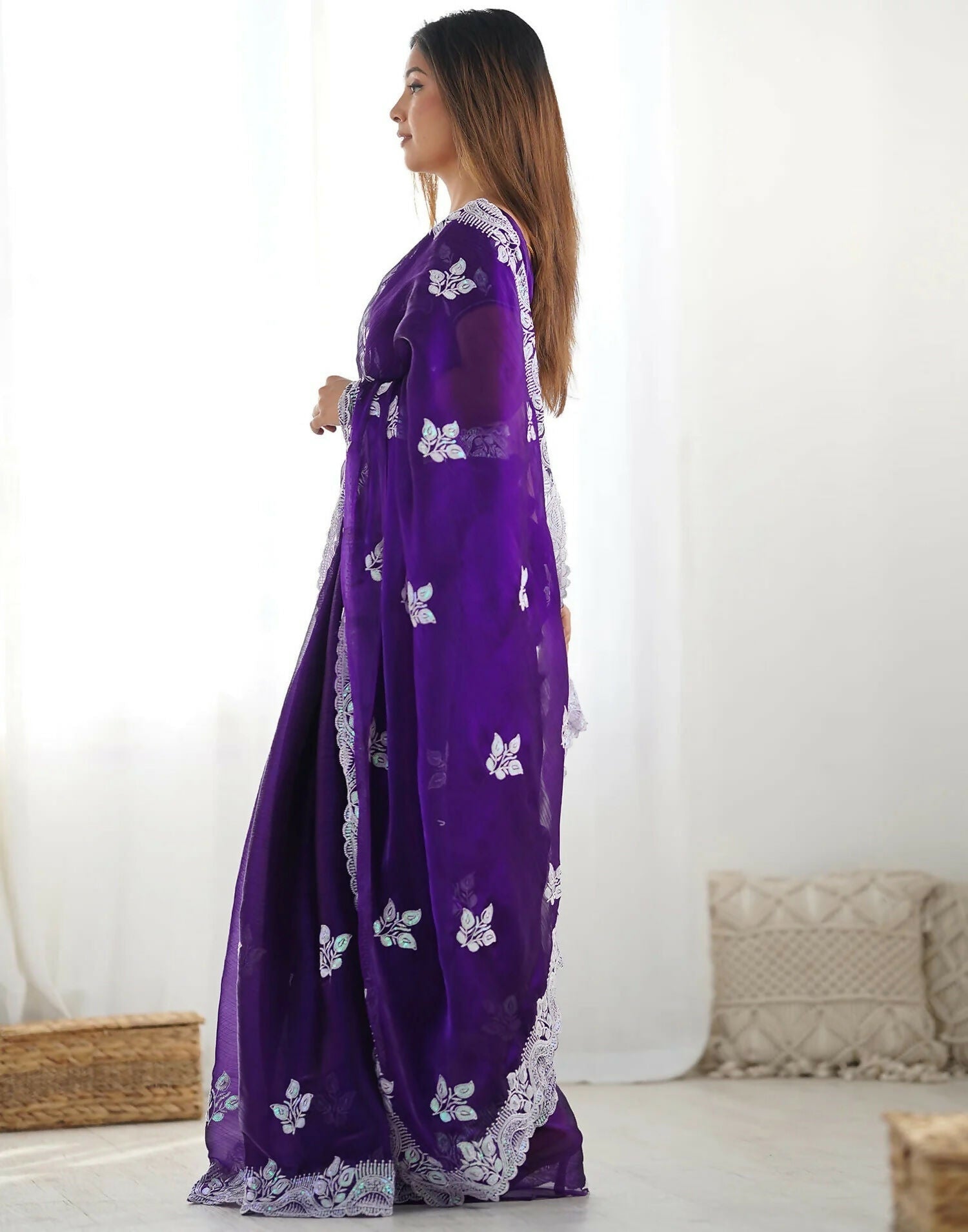 Joban Fashion Shimmer Chiffon Pastel Purple Color Sequence Saree - Distacart