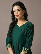Myshka Women's Green Solid Silk Anarkali Party Kurta