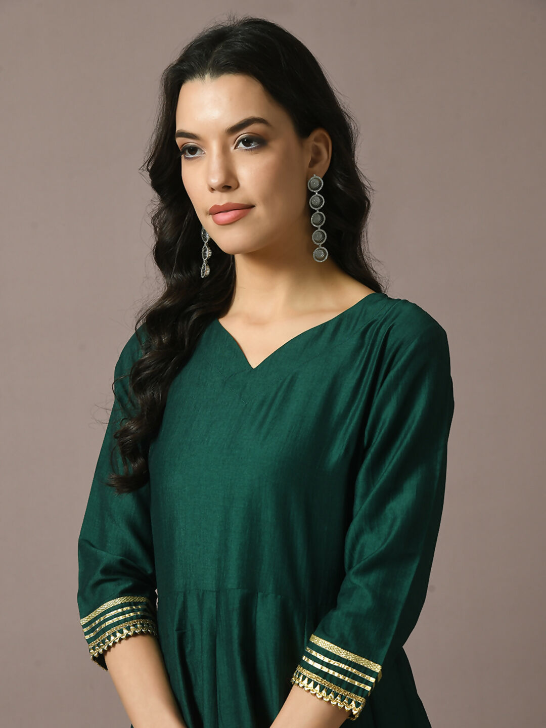 Myshka Women's Green Solid Silk Anarkali Party Kurta