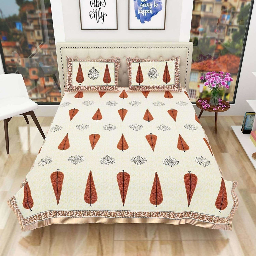 Queen Size 90x108 Inches Jaipuri Sanganeri Print Flat Bed Sheet Bedspread with 2 Pillowcases