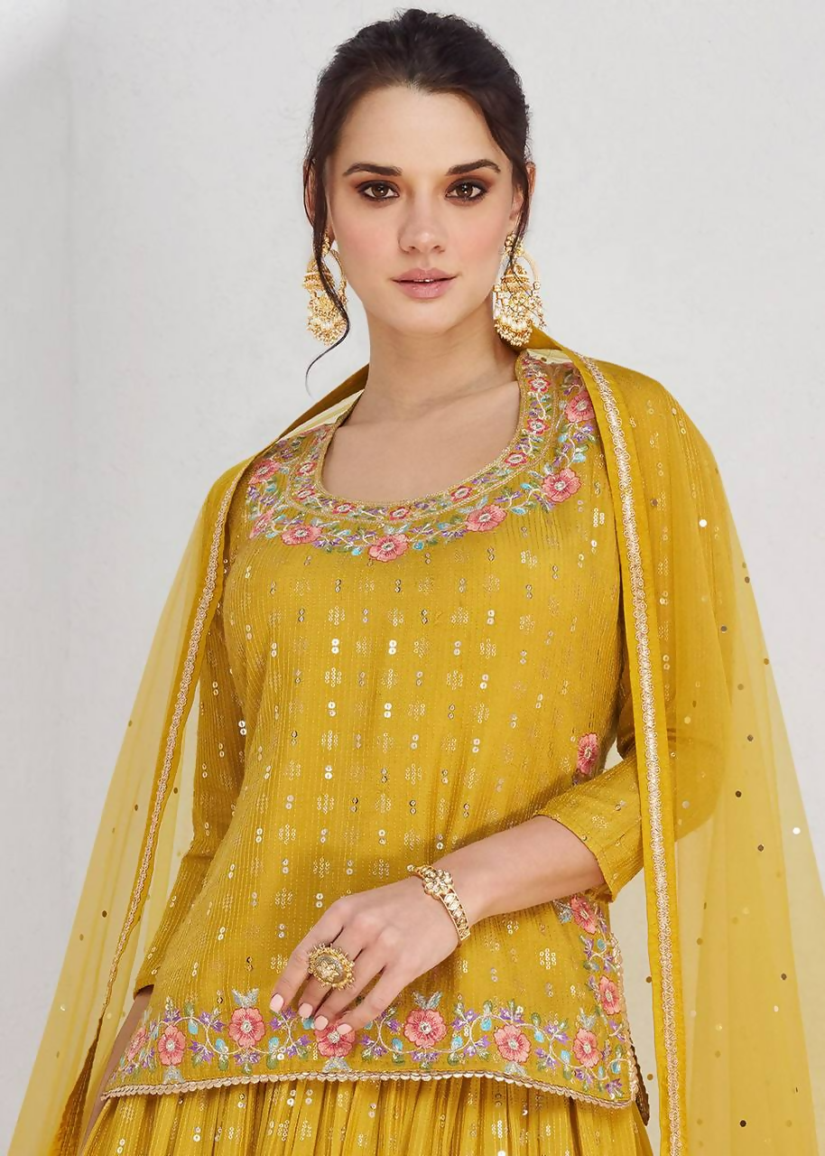 Lorenvalley Fashion Yellow Chinon Embroidery with Sequince Work Salwar Lehenga Stitched