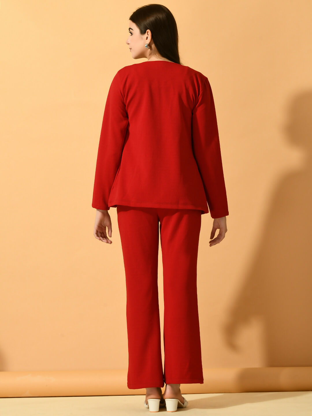 Myshka Women's Red Solid Coat With Trousers