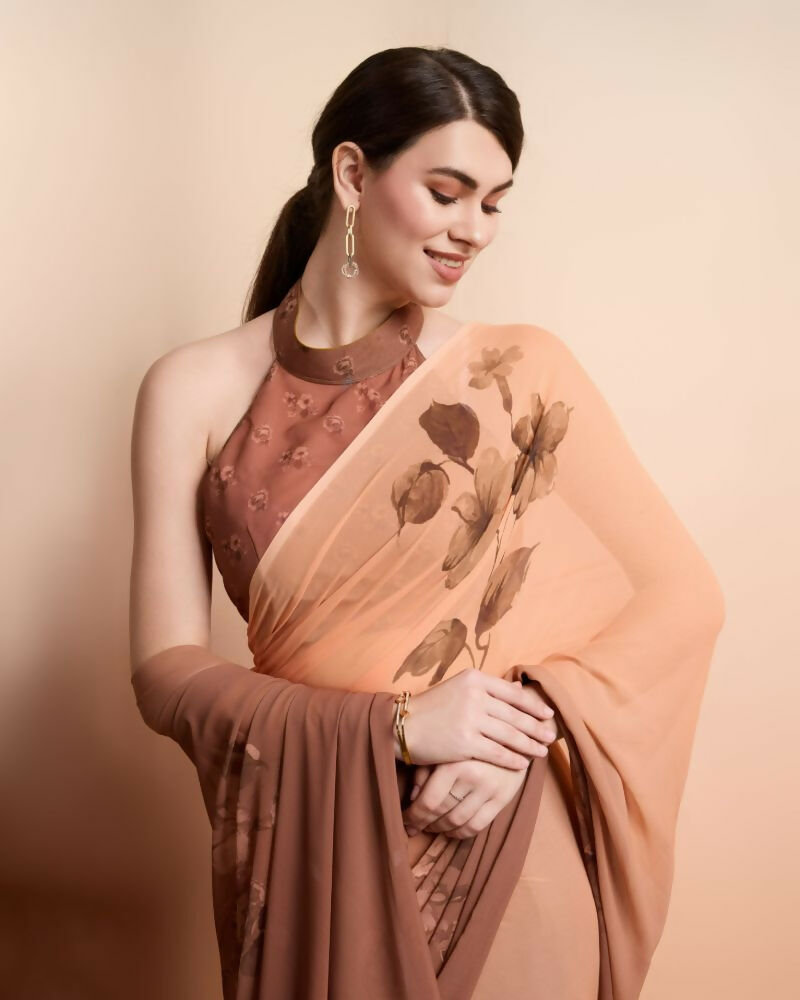 Brown Georgette Designer Printed Party Wear Saree - Cinderella