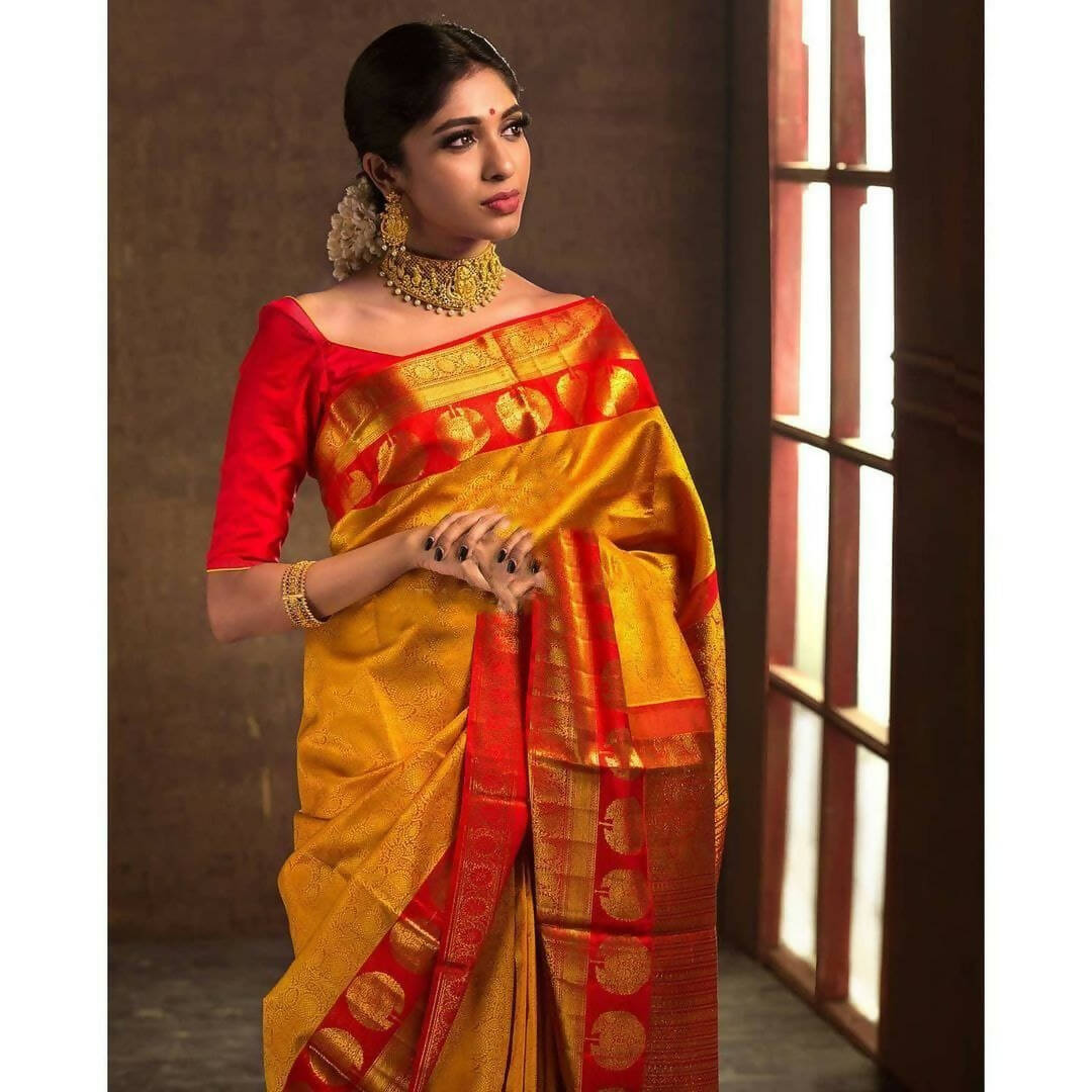 DEIANA'S Beautiful Designer Golden zari Soft Lichi Silk Saree - Yellow