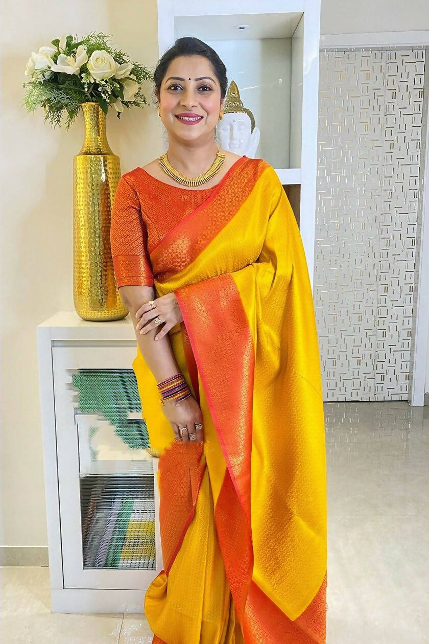 DEIANA'S Beautiful Designer Golden zari Soft Lichi Silk Saree - Yellow