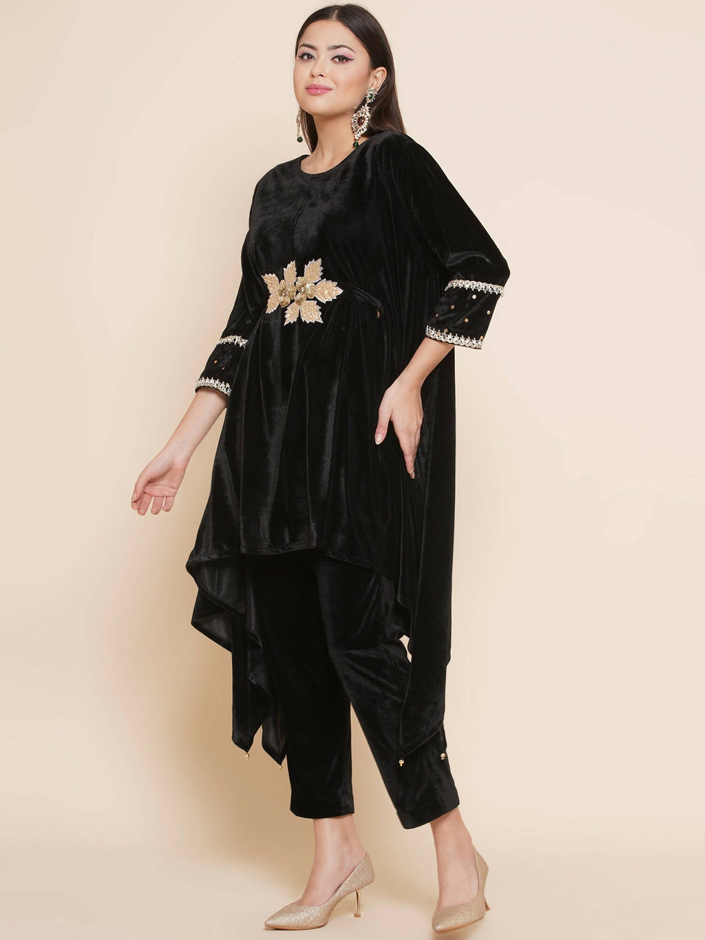 Women Republic Black Velvet Kaftaan Style Kurta With Pants - Distacart