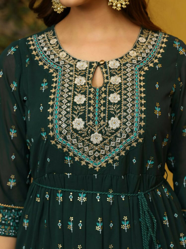 Juniper Green Ethnic Motif Printed Georgette Maxi Dress & Dori With Thread Work - Distacart