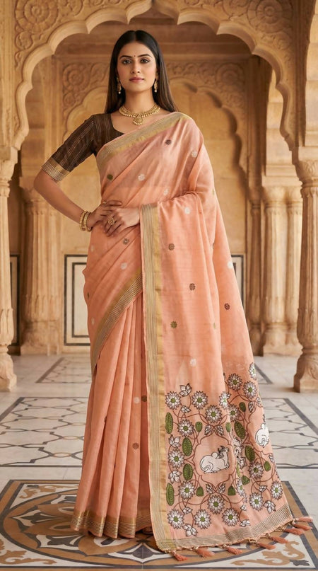 Vastranavya Peach Muga Cotton Meenakari & Azarakh Pallu Saree with Contrast Blouse