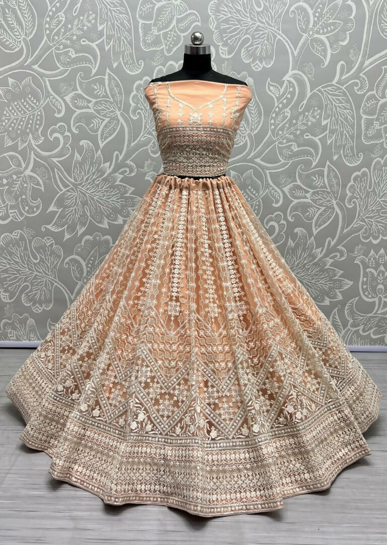 Jyoti Fashion Women's Peach Net Patterned Thread Embroidered with Sequins Wedding Lehenga Choli