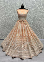 Jyoti Fashion Women's Peach Net Patterned Thread Embroidered with Sequins Wedding Lehenga Choli