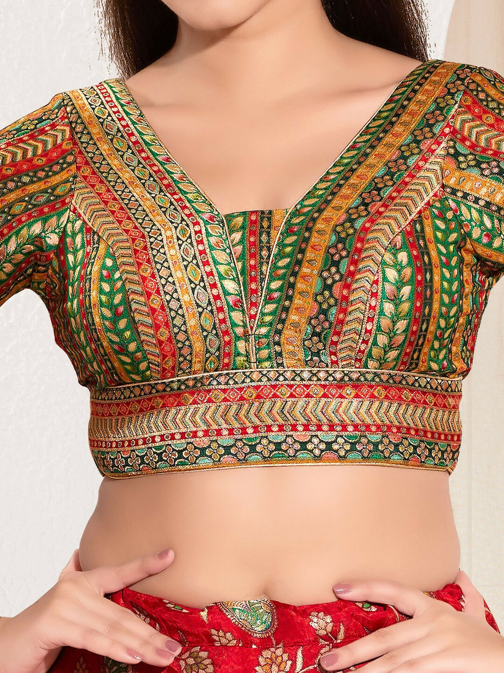 Joban Fashion Green Multi Brocade Padded Blouse With V Neck Elbow Sleeves - Distacart