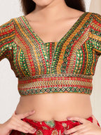 Joban Fashion Green Multi Brocade Padded Blouse With V Neck Elbow Sleeves - Distacart