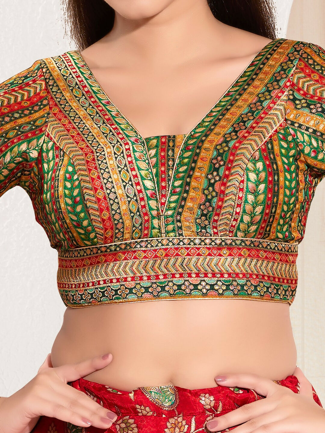 Joban Fashion Green Multi Brocade Padded Blouse With V Neck Elbow Sleeves - Distacart