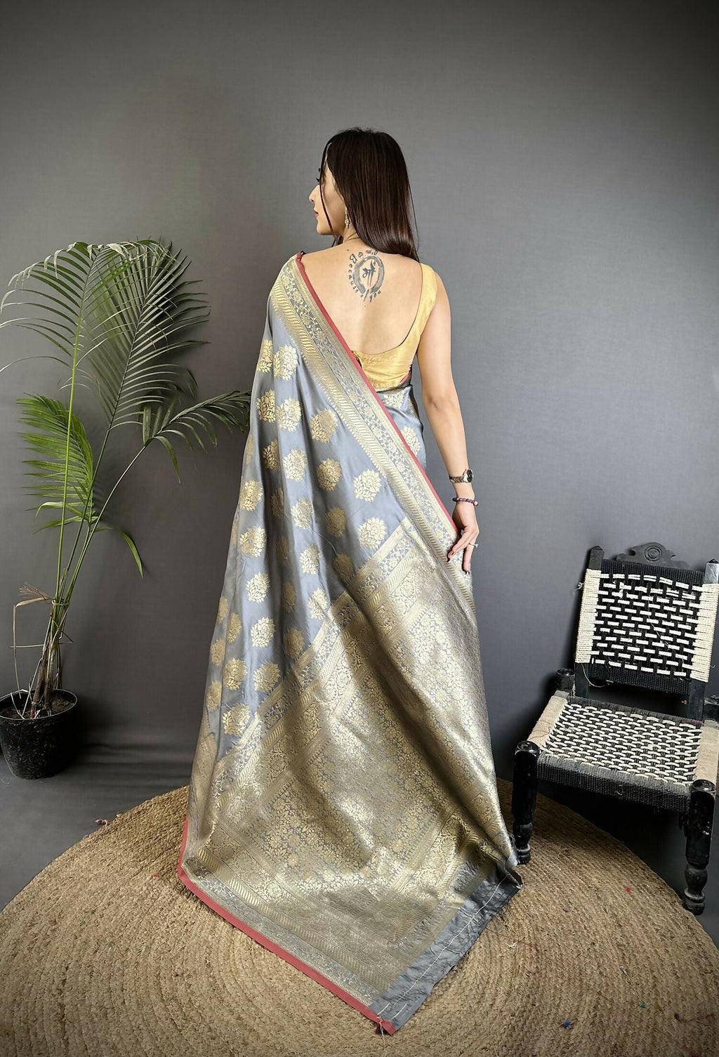 Joban Fashion Grey Ethnic Floral Motifs Soft Lichi Silk Banarasi Saree - Distacart