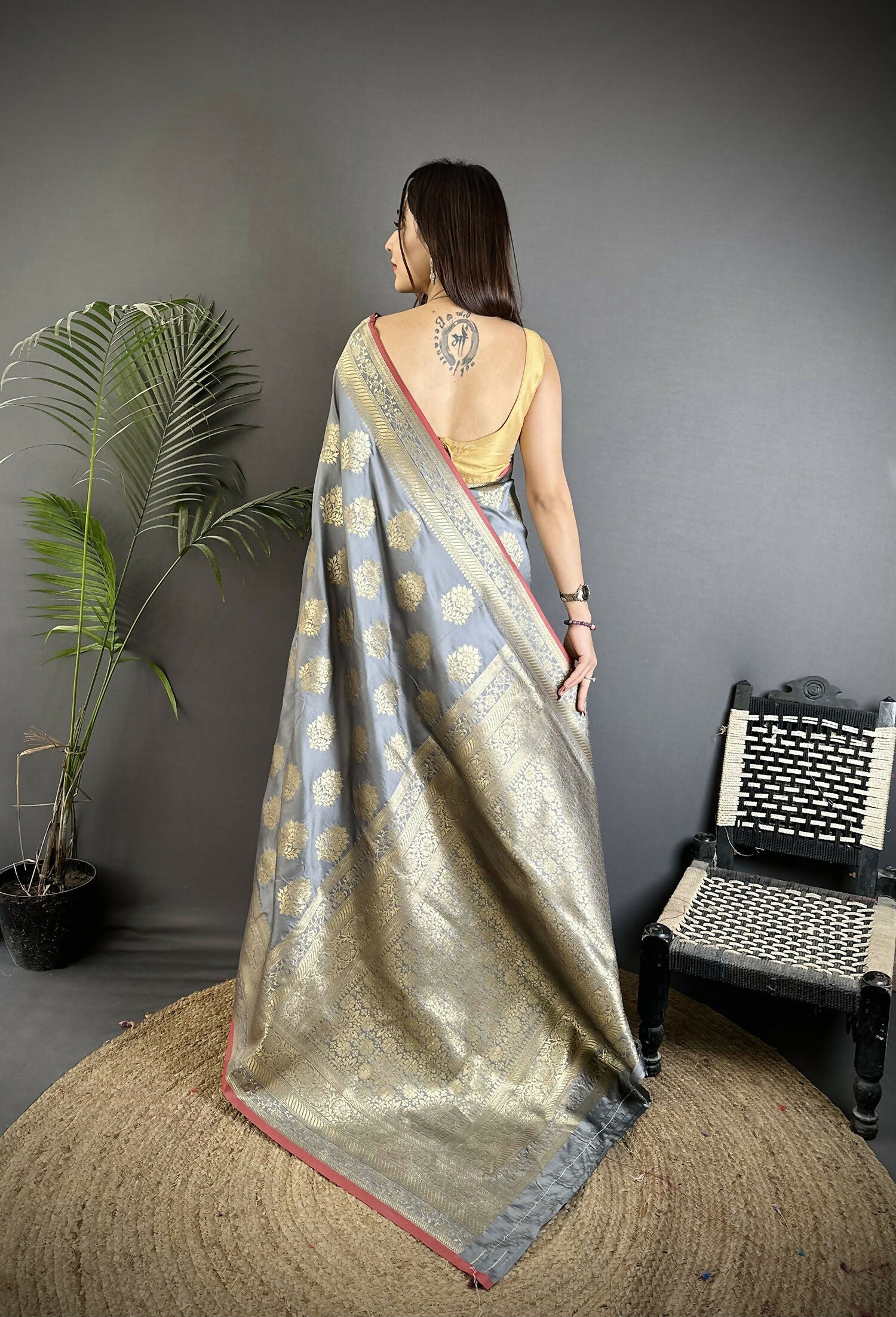 Joban Fashion Grey Ethnic Floral Motifs Soft Lichi Silk Banarasi Saree - Distacart