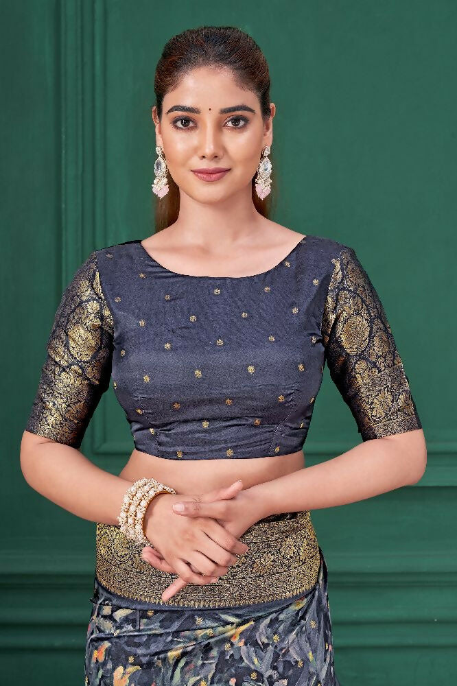 Blue Tussar Silk Jacquard Abstract Digital Print Saree with Unstitched Blouse - Mohira