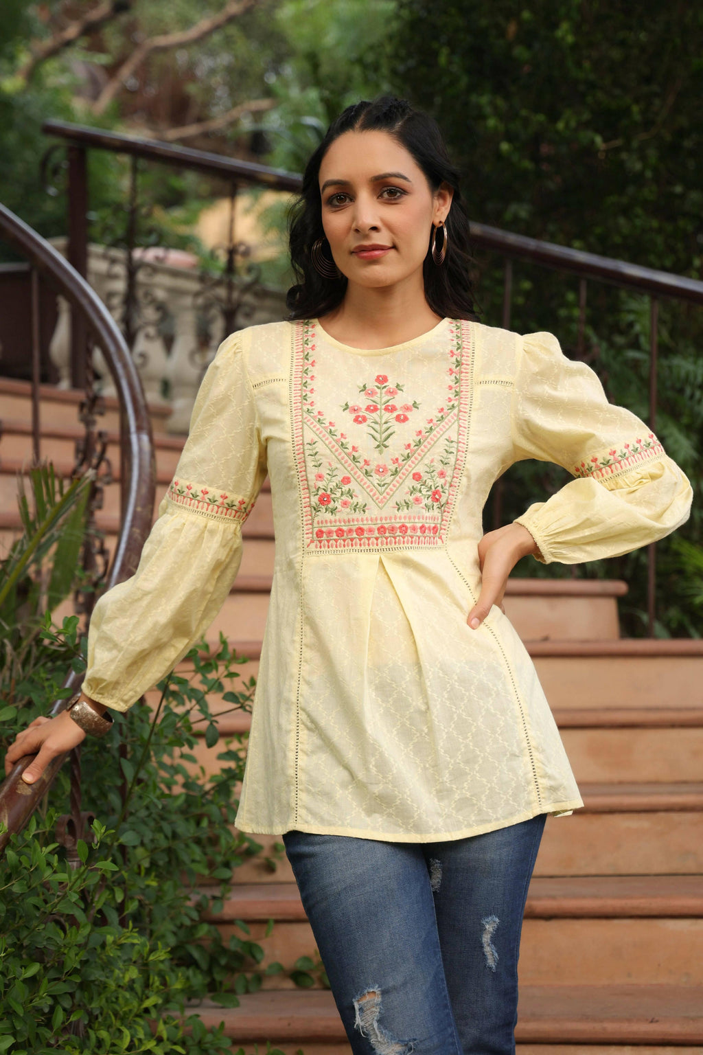 Juniper Women's Lemon Cotton Dobby Solid Embroidered Straight Tunic - Distacart