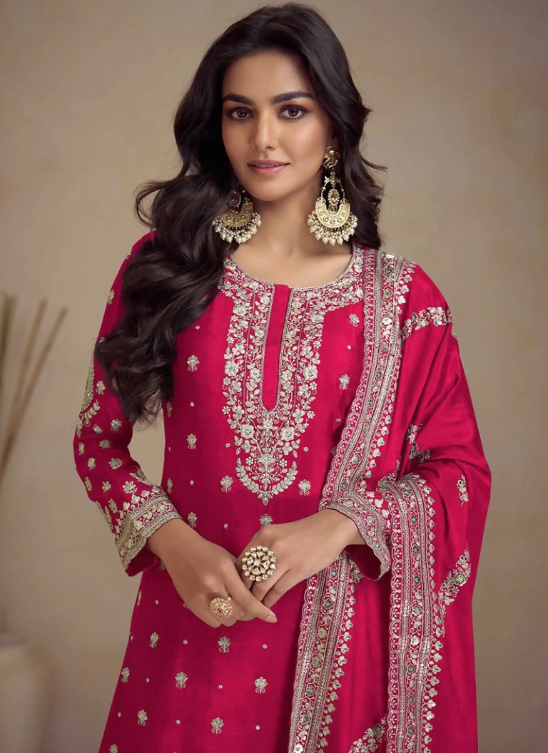 Vastranavya Glamorous Pink Chinon Palazzo Suit With Intricate Sequins Embroidery Work with Dupatta