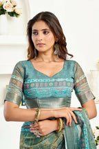 Joban Fashion Petrol Ethinic Motifs Linen Ready To Wear Saree With Unstitched Blouse - Distacart
