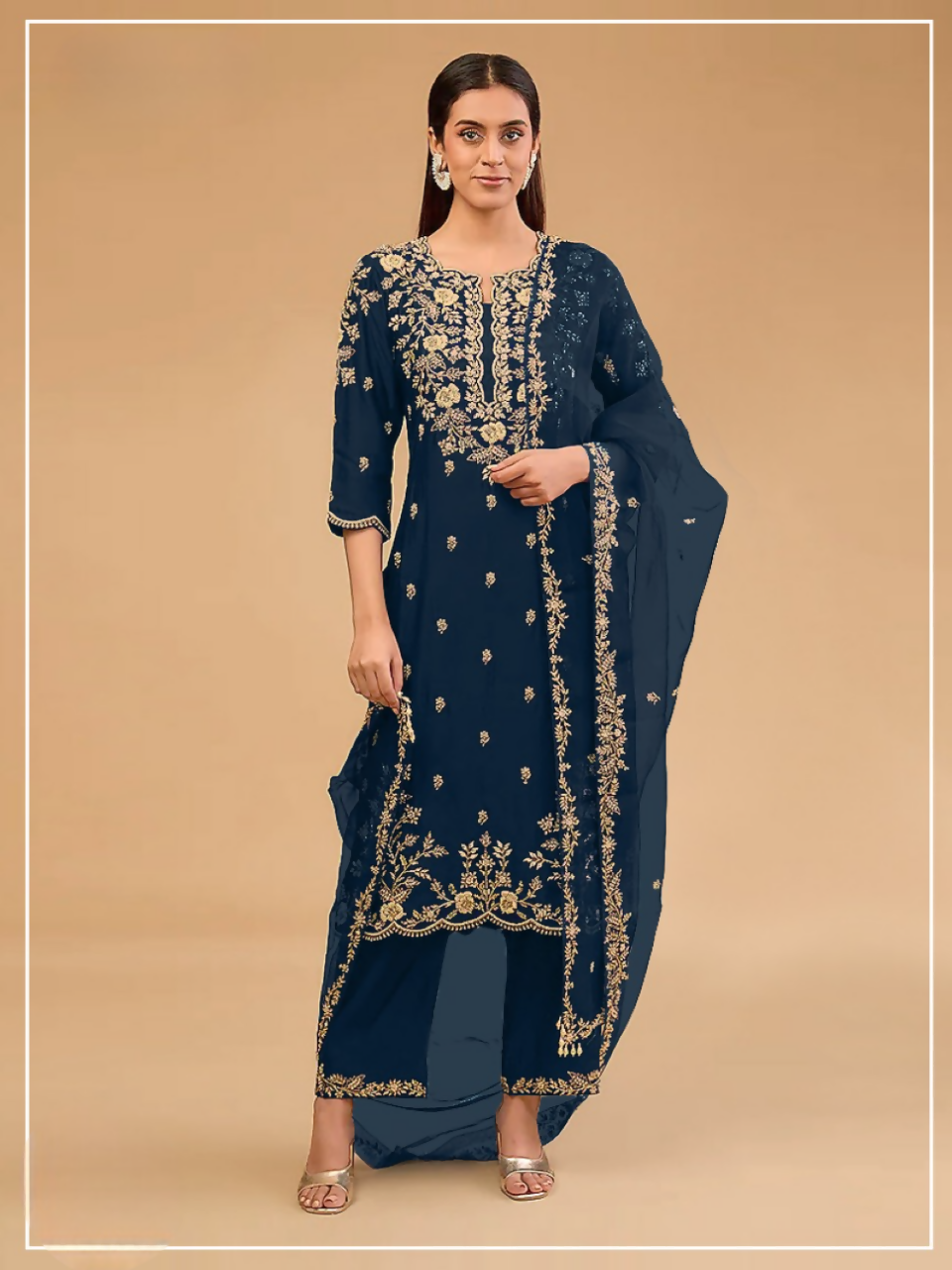 Anaita Navy Vichitra Suit with Embroidered & Multi Thread Zari Work - Distacart