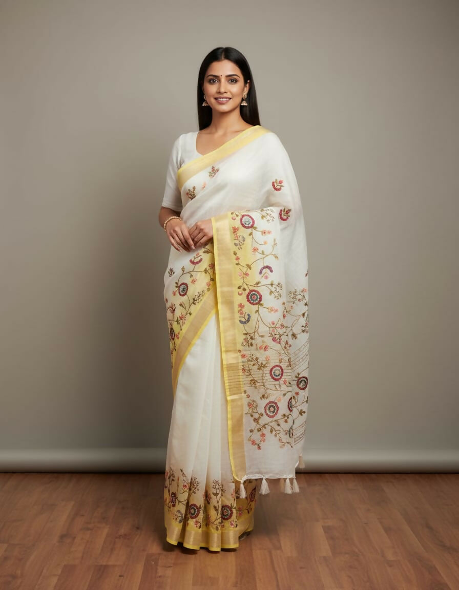 Morchari White Mal Chanderi With All Over Kantha Hand Work Saree - Distacart
