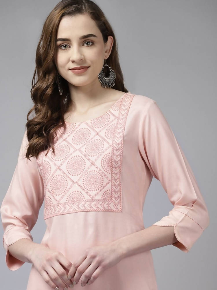 Yufta Women Pink Ethnic Motifs Yoke Design Thread Work Kurta with Palazzo