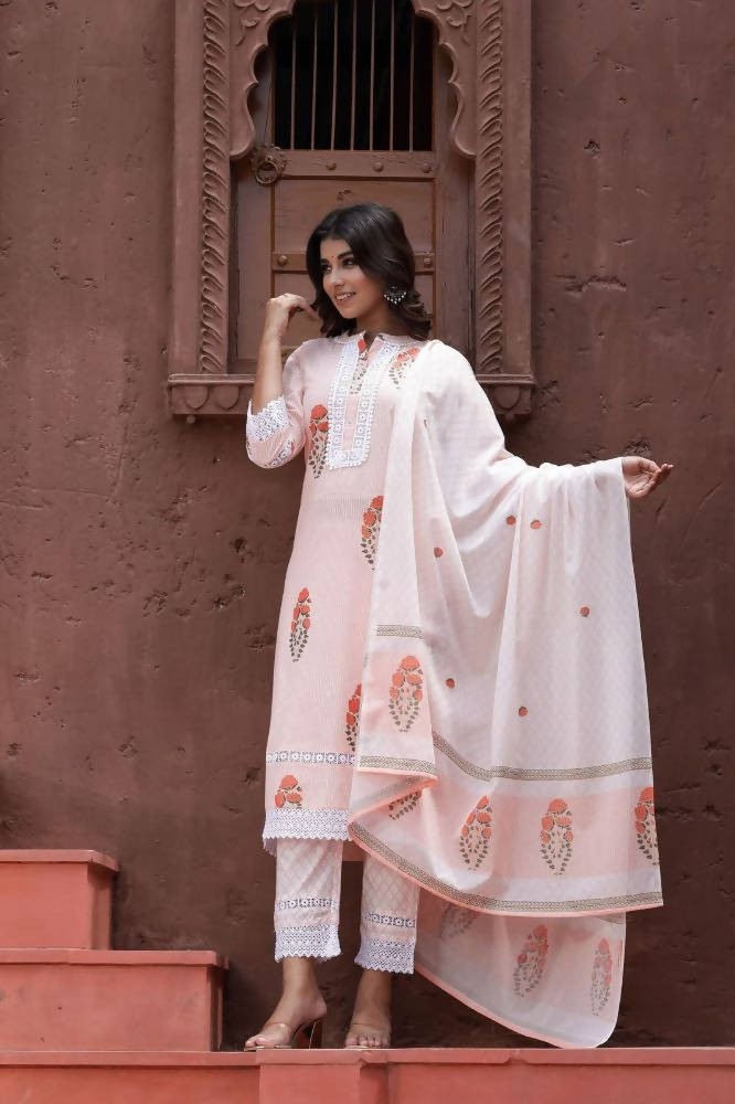 Yufta Peach Printed Dupatta Set